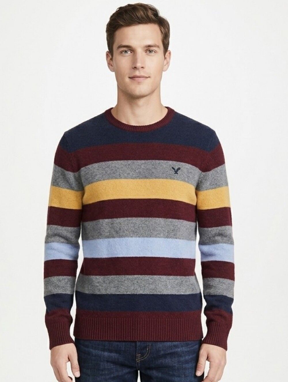 American Eagle Mens athletic fit large wool blend multi color stripe sweater euc